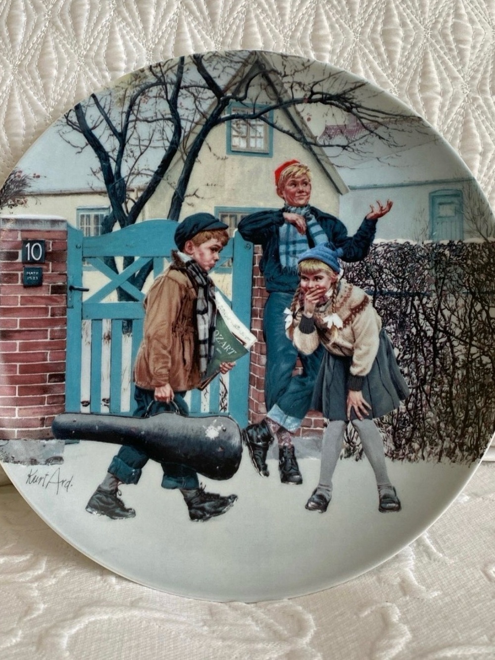 Vintage Decorative Plate with Winter Children Scene - Blue Accent
